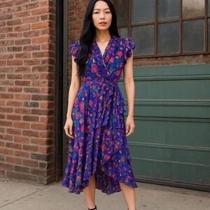 Micros Floral Midi Dress in Blue and Pink